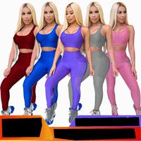 Wholesale Sleeveless Sexy Shirt Long Fitting Pants Casual Women Cloth Suit Two piece Clothing Tank Midriff Tops Tight Suits Sets AC0725 Women s T Shir