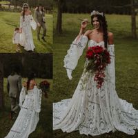 Wholesale Nude Lining bohemian Wedding Dresses Cotton crochet Lace Unique Classical long sleeve country Bridal Gowns Rude Soriee Noivas