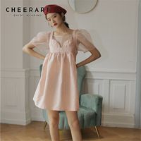 Wholesale 2 Piece Pink Mesh Puff Sleeve Ball Gown Summer Dress Jacquard Women Short Mini Elegant Designer