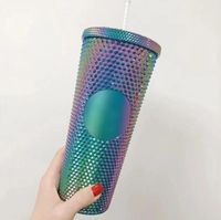 Wholesale DHL oz Personalized Starbucks Iridescent Bling Rainbow Studded Cold Cup Tumbler coffee mug with straw