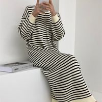 Wholesale Casual Dresses Autumn vintage black and white striped Korean plus size dressed in straight knitting loose around the casual neck sweater dress KCPK