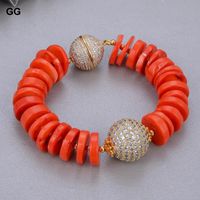 Wholesale GuaiGuai Jewelry Natural Freeform Disc Orange Space Corals CZ Paved Ball Bracelet For Women Beaded Strands