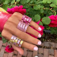 Wholesale Wedding Rings Gold Plated Pink Pinky Multi Baguette CZ Birthstone Colorful Cubic Zirconia Eternity Band Engagement Ring Fashion Jewelry