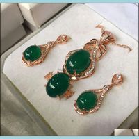 Wholesale Earrings Necklace Jewelry Sets Natural Green Chalcedony Jade Gemstone Pendant Ring Set Combination Drop Delivery Plsz