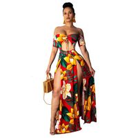 Wholesale Printed Summer Beach Maxi Dress Strapless Off Shoulder Sexy High Slit Sundress Womens Robe Hollow Out Long Dresses
