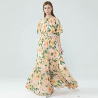 Wholesale Designer Dress Summer Women s Short Sleeve Camellia Floral Print Lace up Bohemia Vacation Silk Maxi Dresses Casual