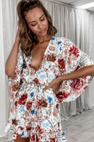 Wholesale dress Sleeve Floral Print Romper with Belt Women Summer Beach V Neck Sexy Jumpsuit Short Overalls Casual Bodysuits