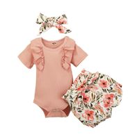 Wholesale Clothing Sets Baby Girl Outfit Set Solid Color Short Sleeve Ruffle Button Closure Romper Flower Waist Belt Pants Hair Band