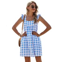 Wholesale Dresses Summer Blue Plaid Patchwork Square Neck Korean Sweets for Teen Girl Butterfly Sleeve Sexy Backless High Waist Casual Dress