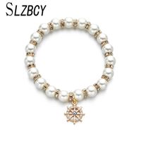 Wholesale Romantic White Pearl Charm Pendant Bracelet For Girl Women Wedding Crystal Ball Elastic Beads Jewlery Birthday Gift Beaded Strands