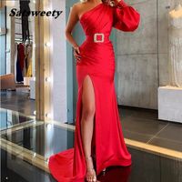 Wholesale Red Mermaid Satin Prom Dresses High Slit Pleats Long Sleeve vestido de gala One Shoulder Women Formal Evening Gowns