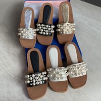 Wholesale Women Mules Sandals Pearls Goldie Sliders Stuffies Top Quality Lambskin Gold Silver Flat Slippers Flip Flops Ladies Beach Rubber Shoes