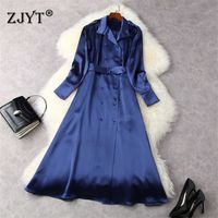 Wholesale England Style Fashion Double Breasted Solid Long Blue Dress Spring Office Robe Elegant Woman Aline Party Vestidos