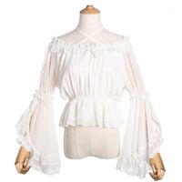 Wholesale White Chiffon Lace Ruffles Slash Neck Flare Sleeve Sweet Lolita Shirt Women Gothic Victorian Blouse Vintage Steampunk Clothes Women s Blou
