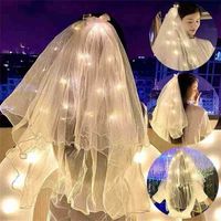 Wholesale 60CM luminous LED wedding veil shoulder length pearls white bridal veils kids princess headdress with lamp lights mantilla yarn beads decor ribbon bow G65ECM0