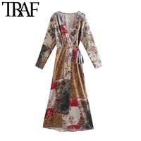 Wholesale TRAF Women Fashion With Belt Print Patchwork Crossover Midi Dress Vintage V Neck Long Sleeve Female Dresses Vestidos