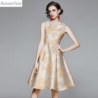 Wholesale BunniesFairy Winter Vintage Hepburn Royal Embroidery Jacquard Champagne Embossed Floral Midi Sleeveless Dress Plus Size Casual Dresses