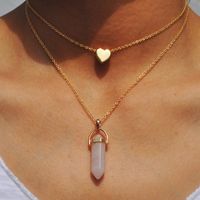 Wholesale Natural Stones Heart Necklace Fashion Crystal Quartz Chakra Bullet Hexagonal Prism Point Healing Pendant Necklaces Double Layer Gold Chain for Women Party Jewelry