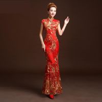 Wholesale Ethnic Clothing Sexy Floral Slim Cheongsam Female Chinese Style Red Novelty Qipao Vintage Button Dresses Gown Elegant Party Prom Maxi Vestid