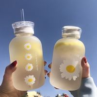 Wholesale 480ml Flower Daisy Milk Juice Cute Water Frosted Glass Straw Kawaii Drinking Bottles with Scale Lids