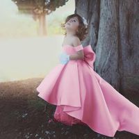 Wholesale Girl s Dresses Pink Blue Pure Satin Flower Girl Off Shoulder Baby Princess Skirt A Line Puffy Bow Ball Gown Communion Clothes