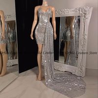 Wholesale Silver Sparkly Sequined Evening Dress Backless Sexy African Black Girls Short Prom Dresses With Long Train