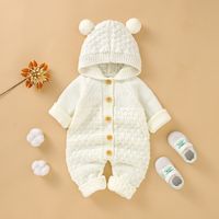 Wholesale 3 M Hairball Baby Clothes Newborn Babe Solid Single Breasted Rompers Knitted Jumpsuit Cute Infant Boy Girls Hooded Outfit V2