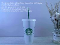 Wholesale DHL Free Starbucks OZ ml Plastic Tumbler Reusable Clear Drinking Flat Bottom Cup Pillar Shape Lid Straw Mug Bardian UV machine printing does not fade