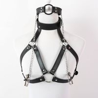 Wholesale Bondage Sexy Faux Leather Lingerie Breast Binder Bra Top And Mouth Gag With Nipple Clamps Female Body Harness Fetish Restraint Costume