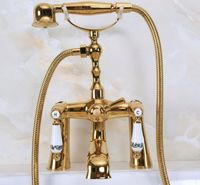 Wholesale Polished Gold Color Brass Deck Mounted ClawFoot Bathroom Tub Faucet Dual Ceramic Handles Telephone Style Hand Shower Head Ana142 Sets