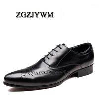 Wholesale Dress Shoes ZGZJYWM Fashion Black Wine Red Oxfords Mens Lace Up Pointed Toe Genuine Leather Formal Business Man Wedding
