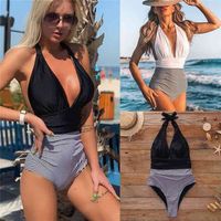 Wholesale Navy Blue Floral Deep V neck Halter Swimsuit Sexy Backless Lace Up Women Monokini Beach Bathing Suits Swimwear B425