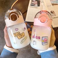 Wholesale Cartoon printed children s glass Water Bottles small and cute handle portable pop lid cups with straw