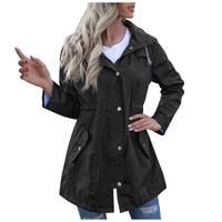 Wholesale Women s Jackets Women Rainproof Hooded Slim Waist Jacket Zipper Raincoat Winter Long Pocket Button Fashion Causal Lightweight Coat