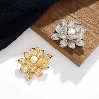 Wholesale 2021 Chinese Style Pearl Lotus Brooch Delicate Micro Inlaid Zircon Suit Clothing Women Gold And Silver Color Jewelry