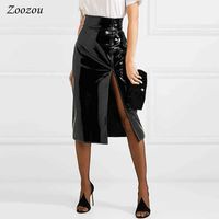 Wholesale Sexy Black Split Side Patent Leather Pencil Skirt Women s High Waist Knee Length Skirt Elegant Office Lady s Latex Skirt Custom