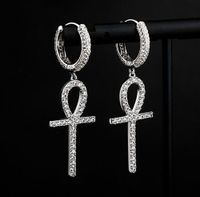 Wholesale 1 Pair Casual Silver Ankh Cross Drop Earrings K White Gold Diamond Micro Pave Cubic Zircon Earring Men Women gift jewelry
