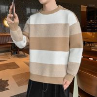 Wholesale Men s Sweaters Men Sweater Wide Stripe Pattern Crek Neck Long Sleeve Autumn Winter Korean Fashion Pullovers Tops Warm