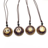 Wholesale Pendant Necklaces XSM Cabochon Resin Natural Purple Amethysts Chips Stones Flower Of Life Pendants Yogi Pattern Jewelry Making