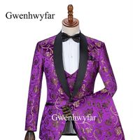 Wholesale Gwenhwyfar Advance Style Shawl Black Lapel Groom Tuxedos Gold Floral Purple Men Suits Wedding Best Man Jacket Pants Vest X0608