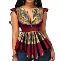 Wholesale Summer Vintage Ethnic Elegant Red African Fashion Women Blouses Casual Black Slim Print Retro Chic Ruffles Tops