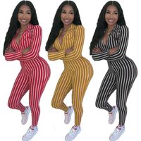 Wholesale Women Striped Jumpsuits Full Sleeve Skinny Long Rompers Zipper Front Opening Turn down Collar Jumper Suit One Piece Outfits Leggings Black Red Yellow