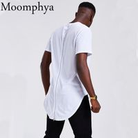 Wholesale Men s T Shirts Moomphya Longline Curve Hem Men T Shirt Full Back Zip Streetwear Hip Hop Long Tail T shirt Masculina Funny Shirts