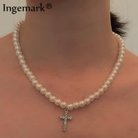Wholesale High Quality Baroque Pearl Chain Crystal Cross Pendant Choker Jesus Vintage Rhinestone Bead Link Necklace Charm Jewelry