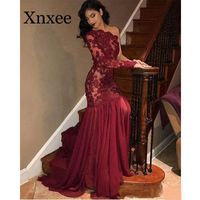 Wholesale Casual Dresses Burgundy One Shoulder Dress Mermaid Lace Long Sleeve Prom Applique Chiffon Sweep Mermiad Evening Party Formal
