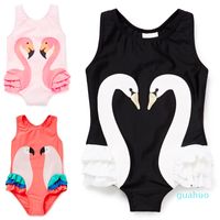 Wholesale One piece Kids Girls Baby Swimwear Black Swan Pink Flamingo Melon Parrot Swimsuit Bathing Cap Princess Dresses Clothing