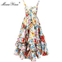Wholesale Casual Dresses MoaaYina Fashion Designer Runway Dress Spring Women Spaghetti Strap Backless Floral Print Ball Gown Cascading Ruffle Beach