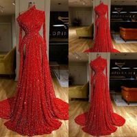 Wholesale 2021 Sexy Bling Dark Red Sequined Lace Evening Dresses Wear One Shoulder Long Sleeves Party Dress Side Split Sequins Celebrity Dresses Prom Gowns Empire Waist