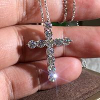 Wholesale Womens Cross Necklace Jewelry Silver Full Round Cut White Topaz CZ Diamond Cross Pendant Party Women Clavicle Necklaces Female Gift