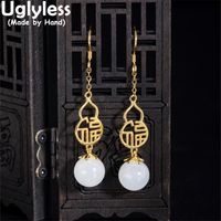 Wholesale Dangle Chandelier Uglyless Natural Jade Balls Dangles Earrings For Women An Gemstones Jewelry Hollow China Chic RUYI Gourd Brincos Sil